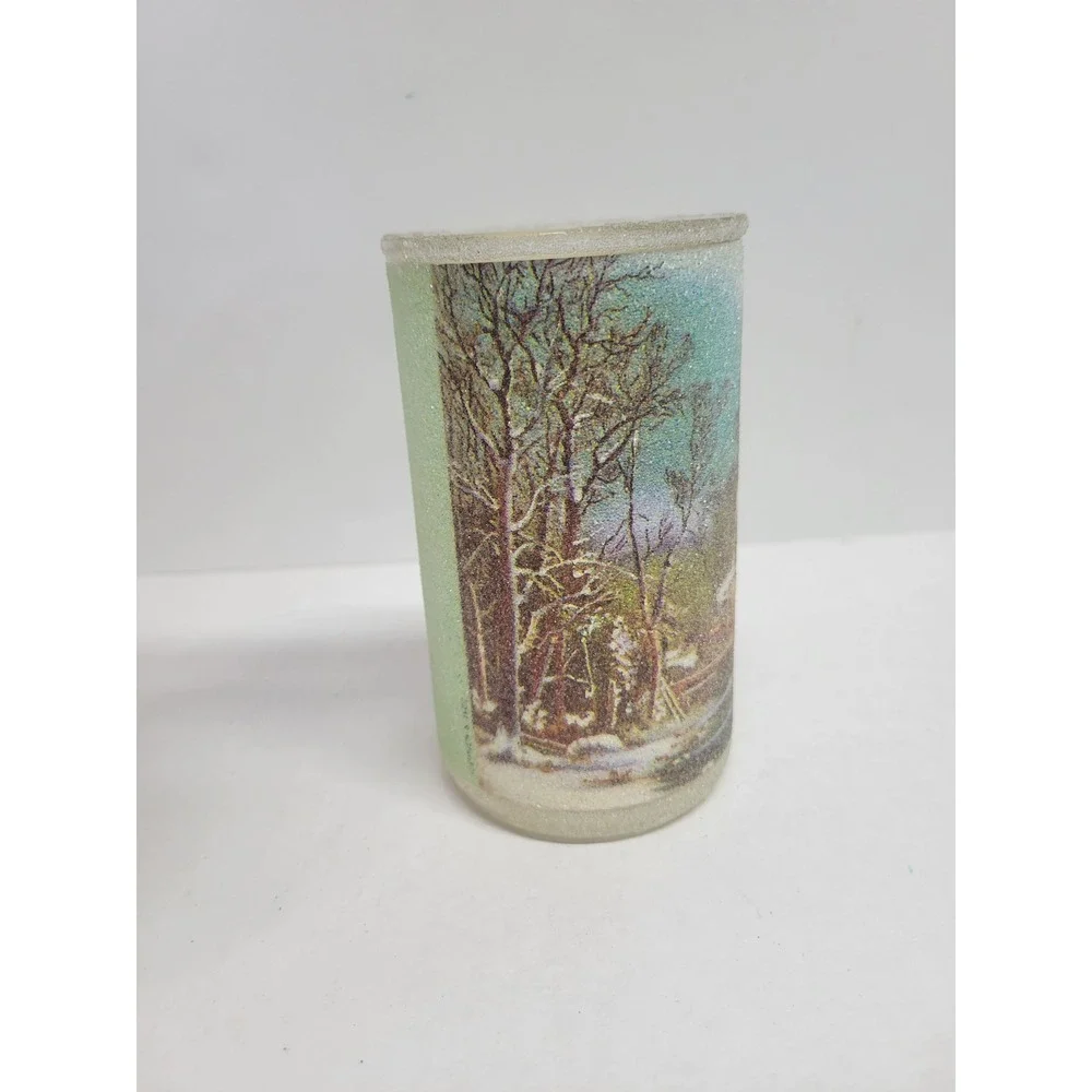 Vintage‎ Danzas Frosted Glass Winter Scene Sugary Glitter Candle Holder Vase